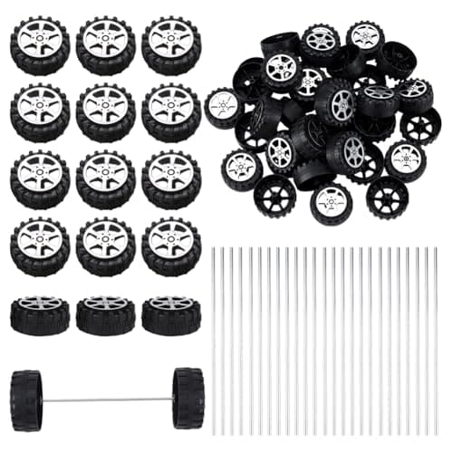 Image of OLYCRAFT 100Pcs Plastic Project Wheels 42x18.5mm Shaft Round Rod Axles 2mm Dia STEM Shaft Plastic Wheels and Steel Axles for DIY Projects Car Truck Boat Model Part Building Projects
