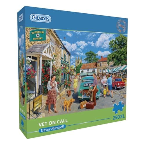 Image of Gibsons Vet on Call 250XL Piece Jigsaw Puzzle for Adults by Trevor Mitchell - Extra Large Pieces - Nostalgic Village Scenes Artwork – Premium Sustainable Puzzle Made in the UK/EU - Collectable Gift