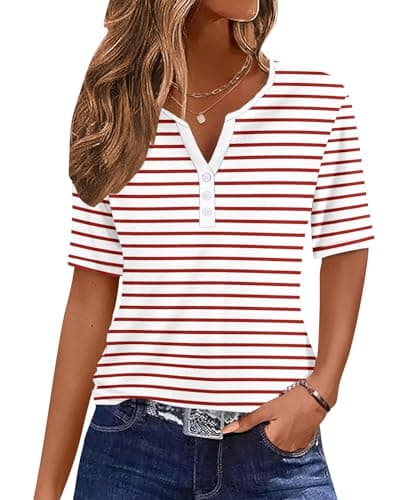 Image of WNEEDU Women Summer T Shirts V Neck Button Ladies Tops Short Sleeve Blouses Tunic Tops Casual Henley Shirts White Red Stripes S