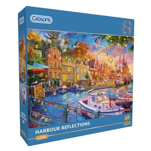 Image of Gibsons Harbour Reflections 500 Piece Jigsaw Puzzle for Adults – Romantic Sunset Blaze Sky & Boats Gently Swaying – Artwork by Liliia Artbeat – Premium Sustainable Puzzle Made in UK/EU