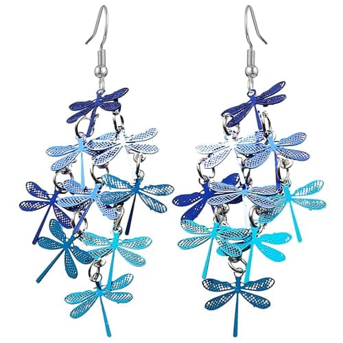 Image of Charm Buddy Dragonflies Dragonfly Cluster Dangle Drop Earrings Unique Vintage Style for Women Girls Sisters Mothers Jewellery (3. Blue)