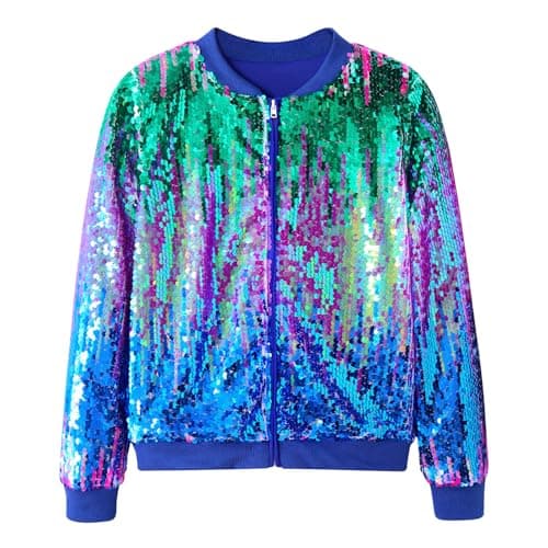Image of Freshhoodies Girls Jackets Kids Sequin Jacket Gradient Green Purple Blue Zip-Up Jackets Casual Long Sleeve Baseball Jersey Tinsel Jacket, 11-12 Years