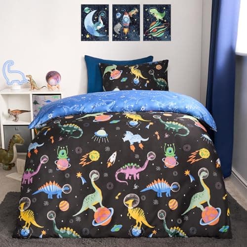 Image of OHS Double Duvet Cover Set Space Dino, Reversible Kids Duvet Covers Set Double Bedding for Kids Boys Quilt Covers with Pillowcase Ultra Soft Comfy, Navy/Black