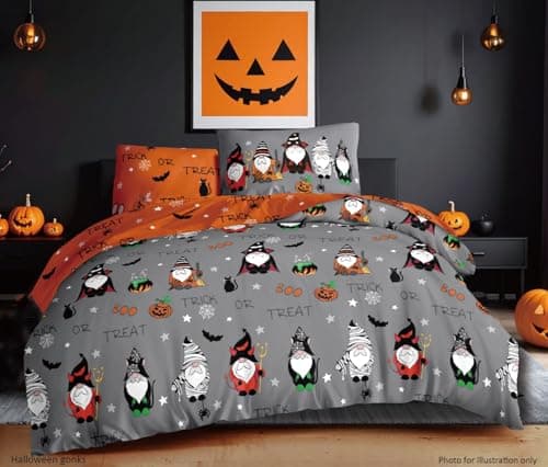 Image of Charlotte Andersen Gonks Halloween Bedding King Duvet Cover Set Haunted Pumpkins Reversible Soft Grey Orange Bed linen (King (U.K. Standard))