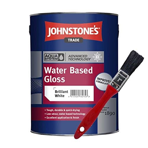 Image of Johnstone's Trade Aqua Water Based Gloss Brilliant White 2.5L with Avenue touch up brush