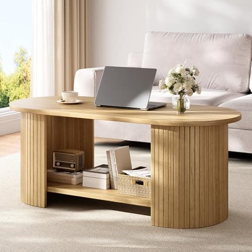Image of oneinmil Coffee Table, Living Room Table with 2-Tier Storage, Thick Tabletop & Base, 108x50x45cm, for Living Room, Home Office, Small Space, Oak
