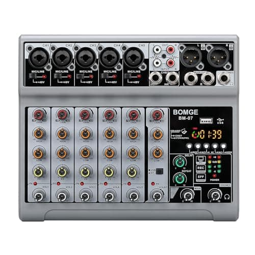 Image of BOMGE Audio Mixer, Sound Board Mixing Console with 5 Channel Digital USB Bluetooth Echo Delay Effect, 48V Phantom Power Stereo DJ Mixers for Recording, Live Streaming, Podcasting (BM-07)