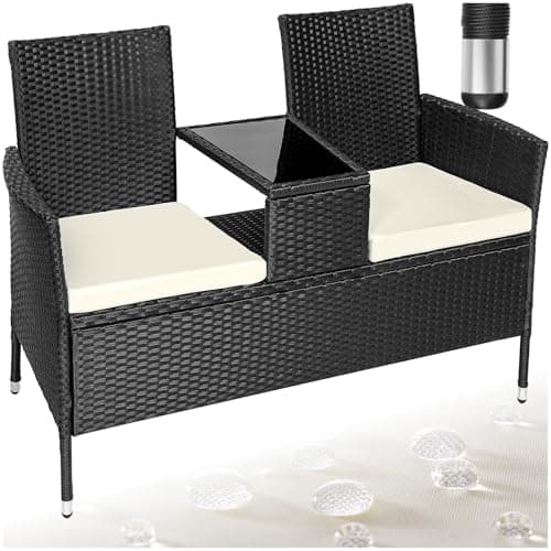 Image of tectake 800168 Garden bench with table | Poly rattan outdoor love seat | Relaxed summer patio bistro dining for 2 (Black & Beige)