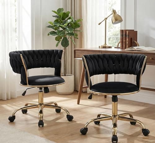 Image of ASR INTERIORS Set Of 2 Camelia Black & Gold Office Chair – Velvet Swivel Chair with Adjustable Height | Tufted Curved Back Desk Chair on Gold Base with Wheels for Home Office or Salon