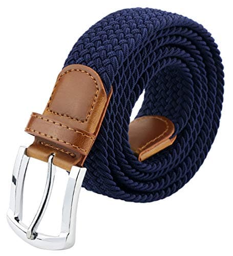 Image of maikun Braided Elastic Stretch Woven Belt with Leather Tip Nickle Pin Buckle Dark Blue