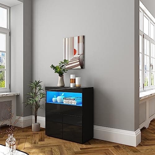Image of High Gloss Sideboard, Living Room Cabinets with LED Lights, Modern Display Cabinet Storage Cupboard Unit with 2 Doors 1 Drawer 1 Open Shelf Home Furniture 80 * 35 * 90CM Black