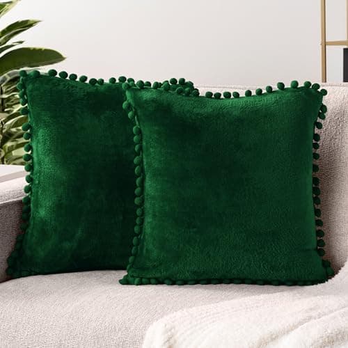 Image of PAVILIA Emerald Green Throw Pillow Covers, 18x18, Set of 2, Pom Pom | Decorative Velvet Cushion Covers for Sofa Couch Bed | Forest Dark Green Fleece Accent Pillow Case Pompom