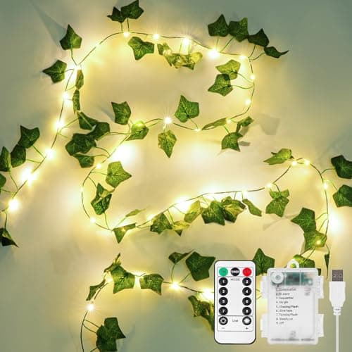 Image of KASZOO 10M 100 LED Vines with Fairy Lights - Ivy Fairy Lights with Remote, Fake Vines Battery/USB Operated, Artificial Ivy Garland for Home Kitchen Garden Office Wedding Wall Decor (Warm White)