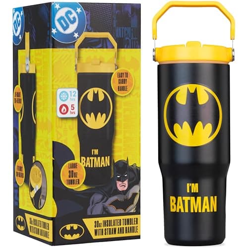 Image of Get Trend DC Comics Batman Insulated Tumbler 850ml, Stainless Steel Water Bottle with Straw & Handle, 12H Cold & Hot 5H, Leakproof Double Walled Vacuum Travel Coffee Mug Metal Flask (Black Batman)