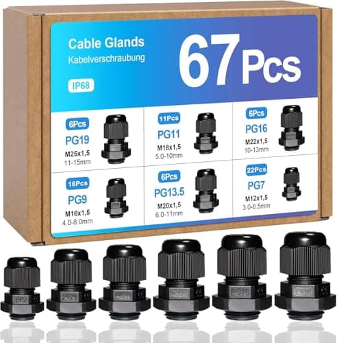 Image of 67 Pcs Adjustable Cable Glands, IP68 Waterproof Adjustable 3-15mm Cable Connectors PG7 PG9 PG11 PG13.5 PG16 PG19 Plastic Nylon Cable Connectors Gland Joints Locknut Stuffing Glands Black