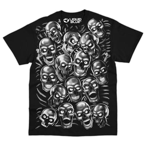 Image of Liquid Blue Skull Pile Graphic T-Shirt for Men – Iconic Skull Art Cotton Tee, Short Sleeve Streetwear, Gray/Black, XXL
