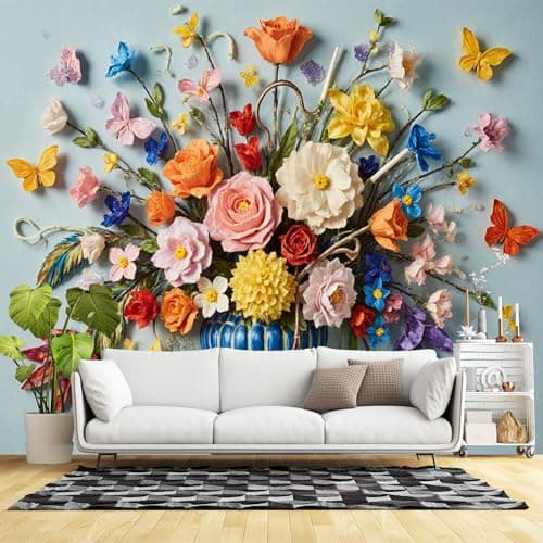 Image of Custom Size Wall Murals,Colorful Paper Flower Bouquet with Butterflies Vintage Botanical Art Elegant Floral Vase,SelfAdhesive Wall Fabric(NO PVC) Removable Wallpaper for Living Room