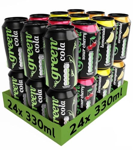 Image of Green Drinks Variety Pack - Low Calorie Sparkling Soft Drinks - Cola, Lemonade, Orange, Cherry - Sweetened with Stevia, No Added Sugar, Natural Caffeine, No Aspartame - Bulk Pack 24 Cans x 330ml