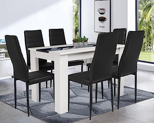 Image of Blisswood Dining Table Set, Dining Table And Chair Set, Pu Leather Dining Room Chairs and 17mm Thick Table Top Long Modern Dining Table Set (White & Black Dining Table And 6 Black Chair)