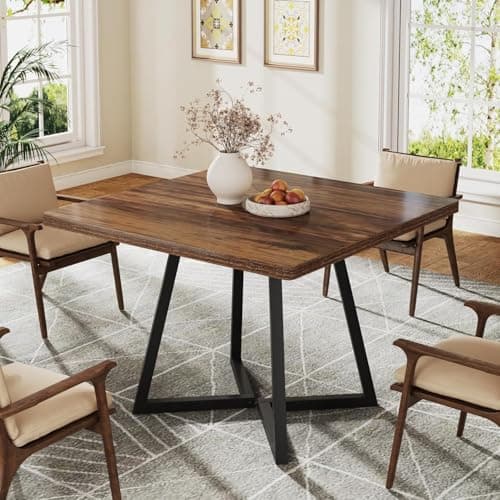 Image of Tribesigns Dining Table for 4, industrial style, sturdy metal frame, 80 x 80 x 75 cm kitchen table for dining room, living room, apartment, rustic brown