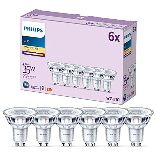 Image of Philips LED Classic Spot Light Bulb 6 Pack [Warm White 2700K - GU10] 35W, Non Dimmable. for Home Indoor Lighting.