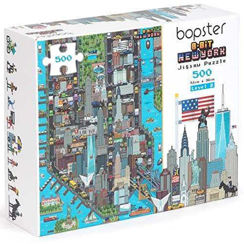Image of bopster 8-Bit New York Jigsaw Puzzle – 500 Piece Level 2 Family Challenge | Retro Pixel Art Design | Eco-Friendly Cardboard