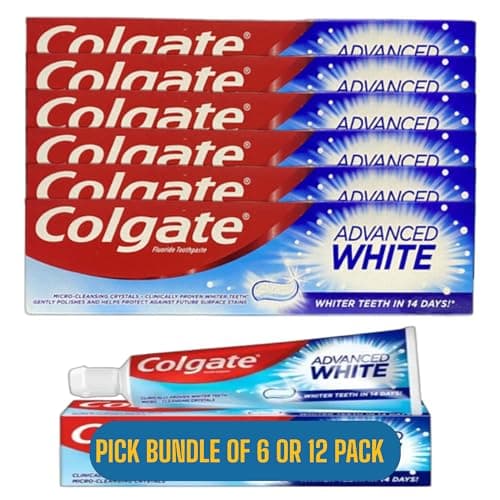 Image of Colgate Advanced White Fluoride Toothpaste 150g (100ml) | Whitening & Cavity Protection | Imported | Multi Value Pack | Made in Saudi Arabia | Choose 6 or 12 Pack Bundle