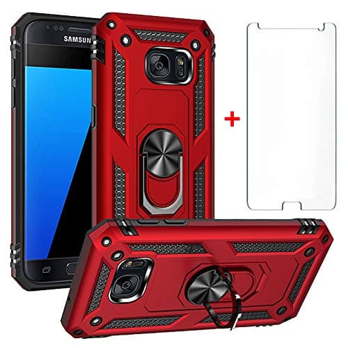 Image of Phone Case for Samsung Galaxy S7 with Tempered Glass Screen Protector Stand Ring Holder Shockproof Silicone Heavy Duty Accessories Magnetic Metal Hard Kickstand galaxys7cases Cover cases Girls Red