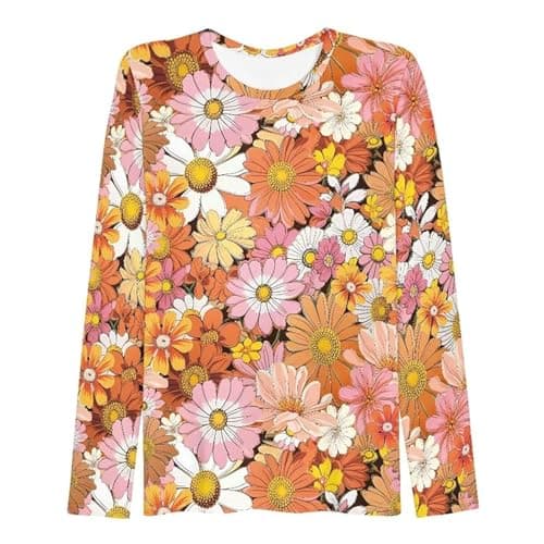 Image of Women's Long-Sleeved Shirt with Colourful Floral Pattern - Top in Retro Style of the 70s with Daisy Print | Colourful Shirt for a Cheerful Look, Style_x01 Orange, L