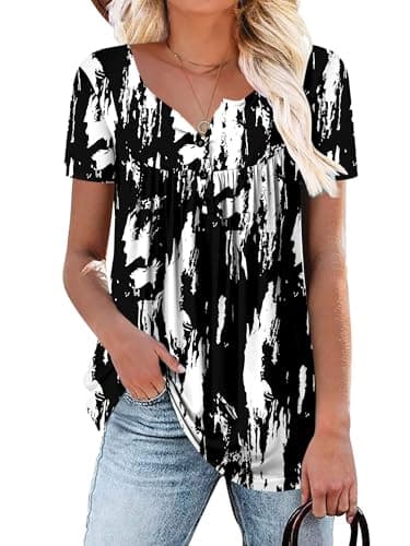 Image of KISSMODA Womens Casual Short Sleeve Tunic Top Button up Shirt Printed Blackwhite Medium