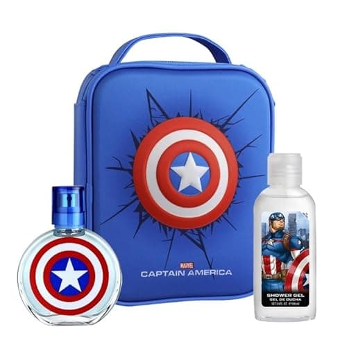 Image of Marvel Captain America Kids Perfume Gift Set, Includes Natural Eau de Toilette Spray 100 ml, Shower Gel 100ml & Zip Case, Vegan, Dermatologically Tested & Travel Friendly, Best Gift for Kids, Ages 3+