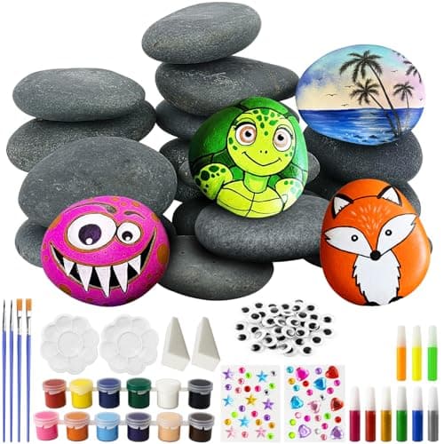 Image of REJOECE Rock Painting Kit, 16 PCS Small Flat Pebbles for Painting with Glow in the Dark, Creativity Arts & Crafts Smooth Stones with 12 Paint Colors, for Kids Adults Boys Girls Birthday Gift