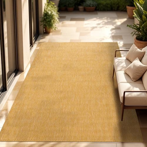Image of Paco Home Outdoor Rug Waterproof - Easy-Cleaning, UV- & Weather-Resistant Patio & Garden Area Rug for Porch, Kitchen & Hallway, Size:150x150 cm square, Colour:Yellow