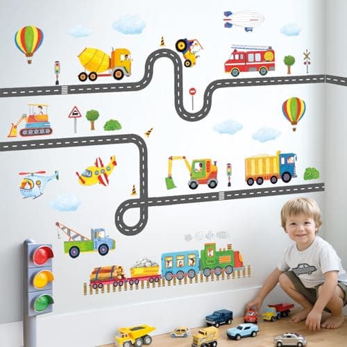 Image of DECOWALL SG-2107 Construction Transportation on The Road Kids Wall Stickers Decals Peel and Stick Removable for Nursery Bedroom Living Room Art murals Decorations