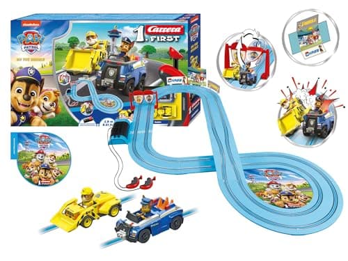 Image of Carrera First PAW Patrol - On The Double Slot Car Race Track - Includes 2 Cars: Chase and Rubble - Battery-Powered Beginner Racing Set for Kids Ages 3 Years and Up