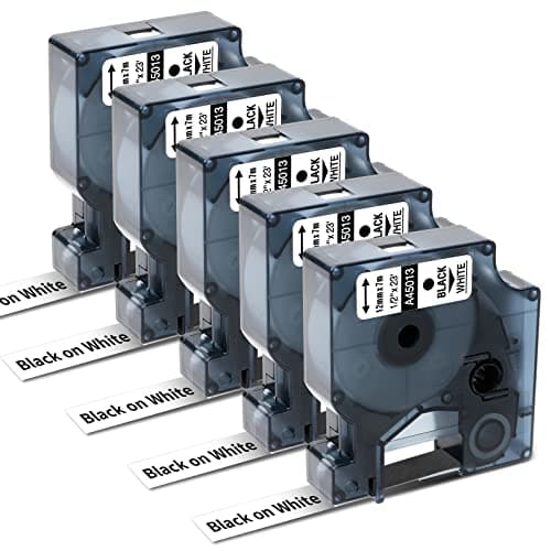 Image of Oozmas a45013 Compatible with Dymo D1 45013 Black on White Replacement for Dymo D1 Label Tape 12mm x 7m, Compatible with LabelManager 160 210D 360D 420P 450D 500TS, 5-Pack