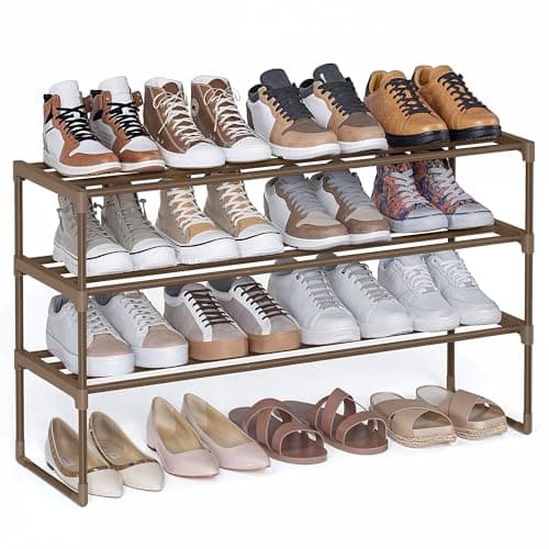 Image of SONGMICS 3-Tier Shoe Rack, Shoe Storage Organiser, Metal Storage Rack, Upright or Upside Down, Fits 16 to 20 Pairs, Stackable, for Hallway, 30 x 92 x 55 cm, Walnut Brown LSA303K01