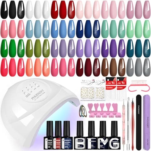 Image of Phoenixy Gel Nail Kit, 72 Effects Gel Nail Polish Set with Base Top Matte Glitter Coat, 24 Colours Nails Kits with U V Lamp Manicure Set Gift for Women
