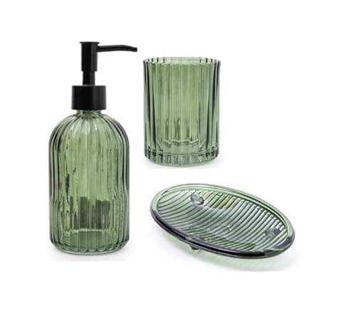 Image of Home Deco London Set of 3 Modern Transparent Pressed Glass Bathroom Accessory Set, Includes Liquid Soap or Lotion Dispenser, Toothbrush Holder, Soap Dish (Green Set of 3)