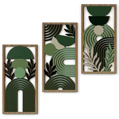 Image of Xiciki 3PCS Green Boho Wall Art, Wooden Boho Wall Art Set Geometric Botanical Wall Hanging, Lightweight Hollow Wooden Wall Decor for Living Room Bedroom Hallway Modern Farmhouse Home Decor