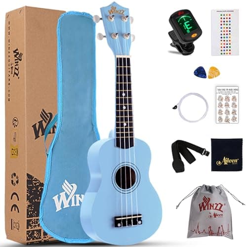 Image of Winzz Blue Ukulele Soprano Beginners Kit with Bag, Clip-On Tuner, Extra Strings, Strap, Plectrum, Fret Stickers, Chords Card, Polishing Cloth