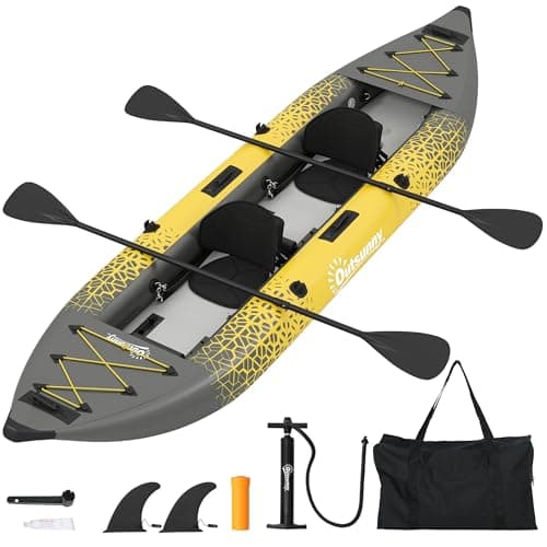 Image of Outsunny 12.5' Inflatable Kayak Set, 2-person Sit on Canoe with Aluminium Oars, Padded Seats, High Back Support, Fins, Carry Bag, Hand Pump & Repair Kit, Blow Up Boat for Adults, Grey and Yellow