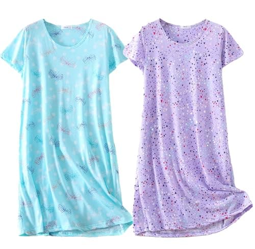 Image of BERDITH 2 Pack Nighties for Women Nightdress Ladies Cotton Blend Nightie Soft Night Dress Womens T Shirt Nightdresses Summer Plus Size Nightwear Sleep & Lounge UK 26-28 butterfly Mum Mummy