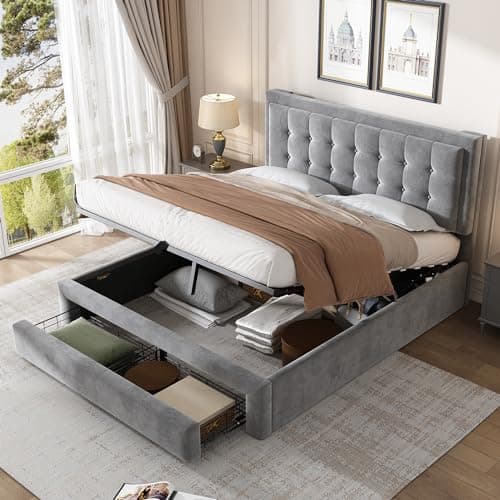 Image of BTM Upholstered Bed, 4FT6 Double Bed 135x190cm, Upholstered Double Bed with Large Storage Space(Bed Box & Big Drawer), Double Bed Frame with Headboard & Slats, No Mattress, Grey Velvet Bed