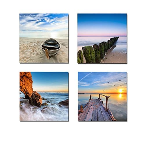 Image of Wieco Art - Seaview Modern 4 Piece Stretched and Framed Seascape Giclee Canvas Prints Artwork Landscape Ocean Sea Beach Pictures Paintings on Canvas Wall Art for Living Room Bedroom Home Decorations