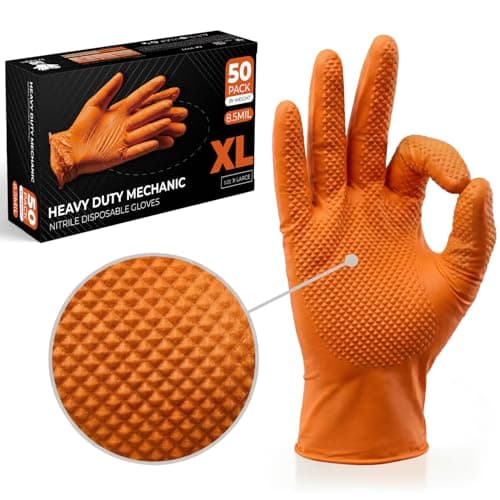 Image of The Real Touch Nitrile Gloves, 50 Count, Heavy-Duty Disposable Mechanic Gloves, Diamond Textured, Latex & Powder-Free, Non-Slip, Extra Thick, Ideal for Automotive, Industrial Tasks (Orange - 50, XL)