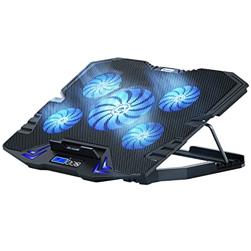 Image of TopMate C5 Laptop Cooling Pad Gaming Notebook Cooler, Laptop Fan Cooling Stand Adjustable Height with 5 Quiet Fans Blue LED Light, Computer Chill Mat with LCD Controller, for 10-15.6 Inch Laptops