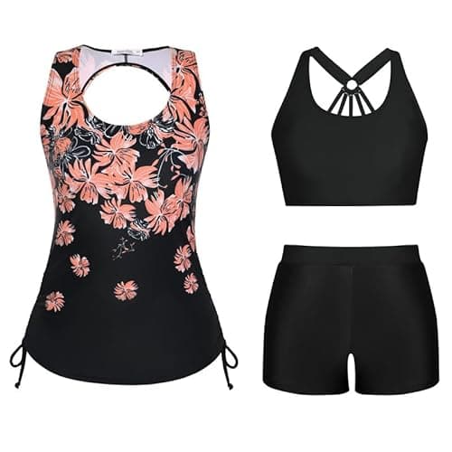 Image of JASAMBAC Swimsuit Swimming Costume Women 3 Piece Modest Swimweaar Bikini Top with High-Waisted Swim Shorts Tummy Control Swimsuits Bathing Suits Drawstring Beachwear