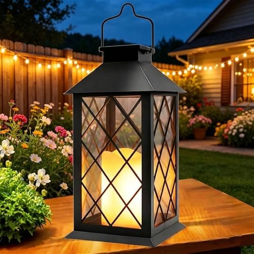 Image of Yowin Solar Lanterns for Outside, 35cm Large Hanging Lantern Outdoor Garden with Flickering Candle, Tempered Glass, Garden Gifts Waterproof Table Lamp for Balcony Patio Vintage Decorations - Black