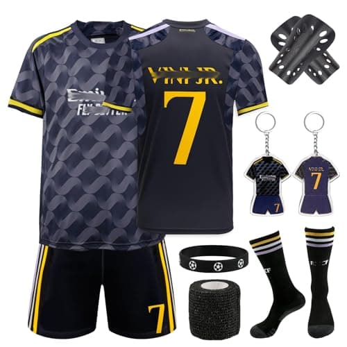 Image of Football Kits for Kids, No.7 Home Away Soccer Jerseys Football Kit Football Training Set with Shorts Socks Guard Plate Keychain Bracelets Bandages for Kids Boys Girls(Black 28)
